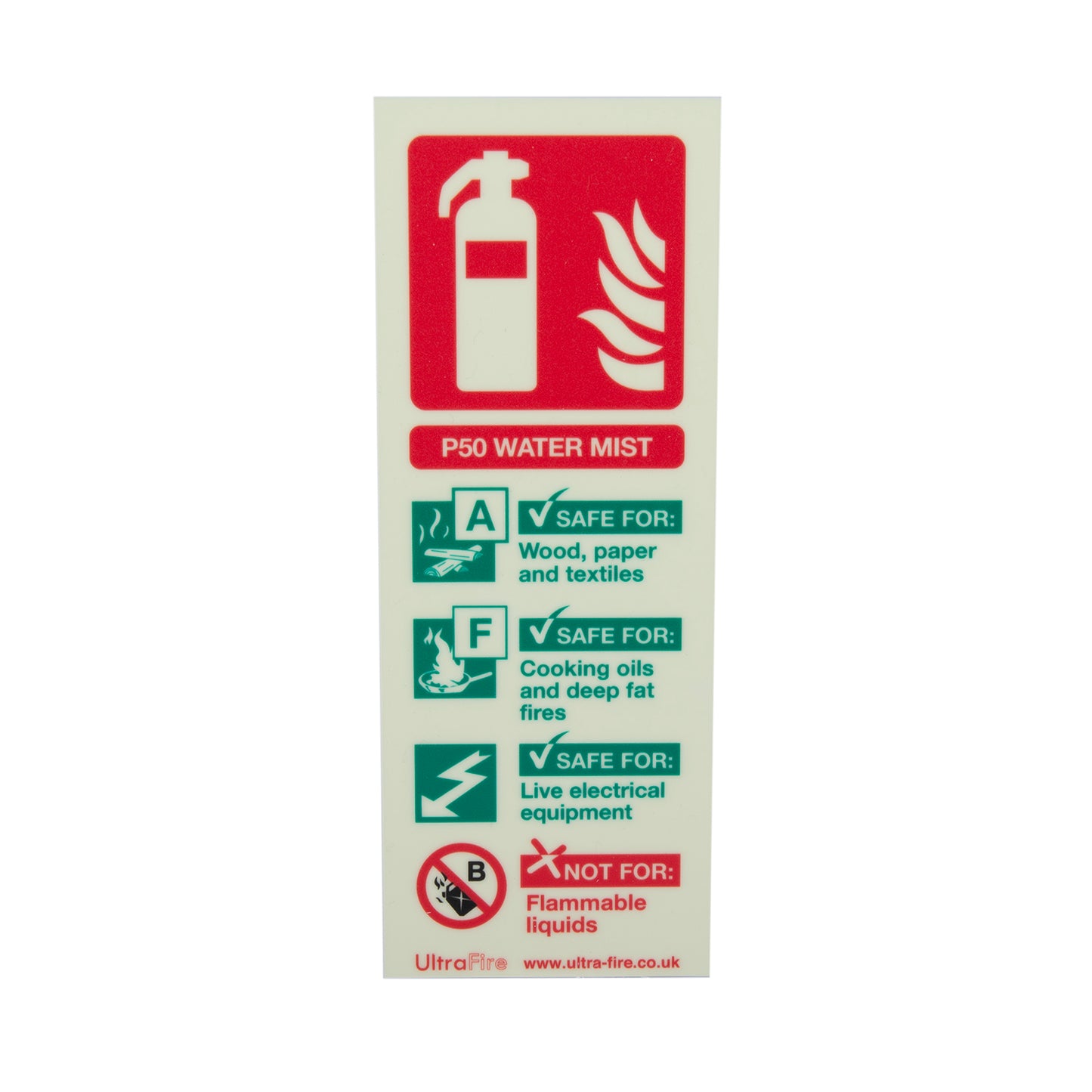 ID sign - P50 Water Mist 2ltr (F-safe) - GITD Rigid PVC, 200x75mm