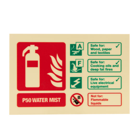 ID sign - P50 Water Mist 2ltr (F-safe) - GITD Rigid PVC, 100x150mm